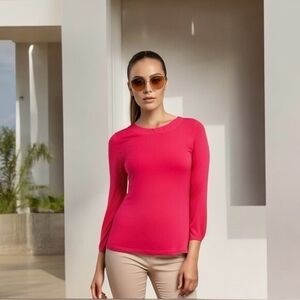 ELLE Pink Modal Long Sleeve Scoop Neck Blouse Women XS Sheer Ruched Top